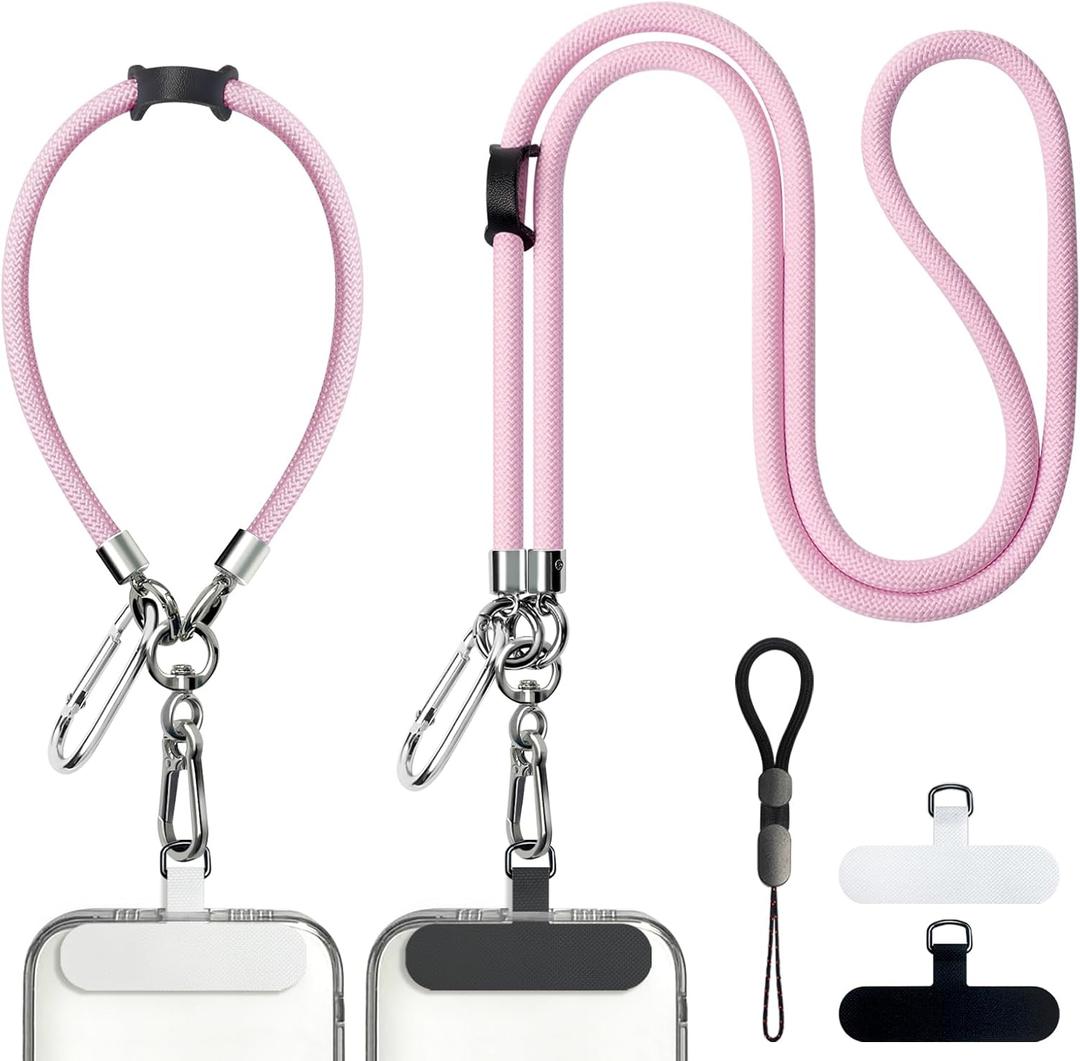 BFSDDM Cell Phone Lanyards, 4 Pads, 1 Phone Wrist Strap, 1 Adjustable Finger Strap, Universal Crossbody Patch Lanyards, Compatible with Most Smartphones, Anti Theft (Pink)
