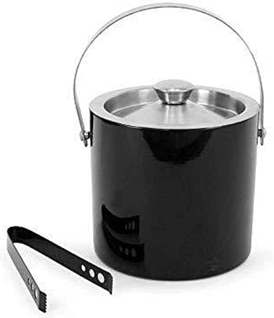 King International Ice Bucket with Lid, Insulated Black Ice Bucket for Cocktail Bar with Ice Tong, Double Walled Stainless Steel, 1.5 L, Ice Cold for 6 h with Handle (Black)
