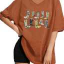 Women's Western Cowboy Shirts Vintage Rodeo Graphic Oversized Tops Country Music Tees Short Sleeve Cowgirl T-Shirt (Orange, L)