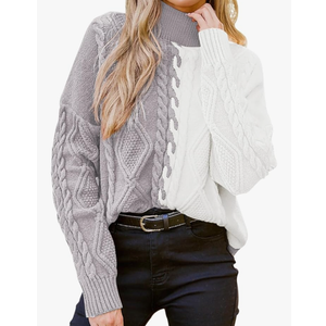 Pink Queen Women's Chunky Sweaters 2025 Fall Winter Long Sleeve Mock Neck Cable Knit Colorblock Pullover Jumper Tops Size M