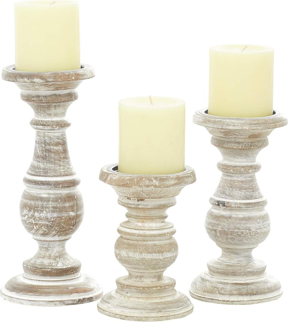 Deco 79 Mango Wood Decorative Candle Holder Turned Style Pillar Candle Stand, Set of 3 Candlestick Holder 6", 8", 10"H, Cream