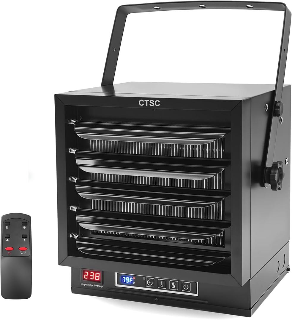 CTSC 10000W Electric Garage Heater, 240v Hardwired Fan-Forced Shop Heater with Digital Thermostat, Remote Control and Timer, ECO Function, Voltage Display Design, Ideal for Workshop, ETL Listed