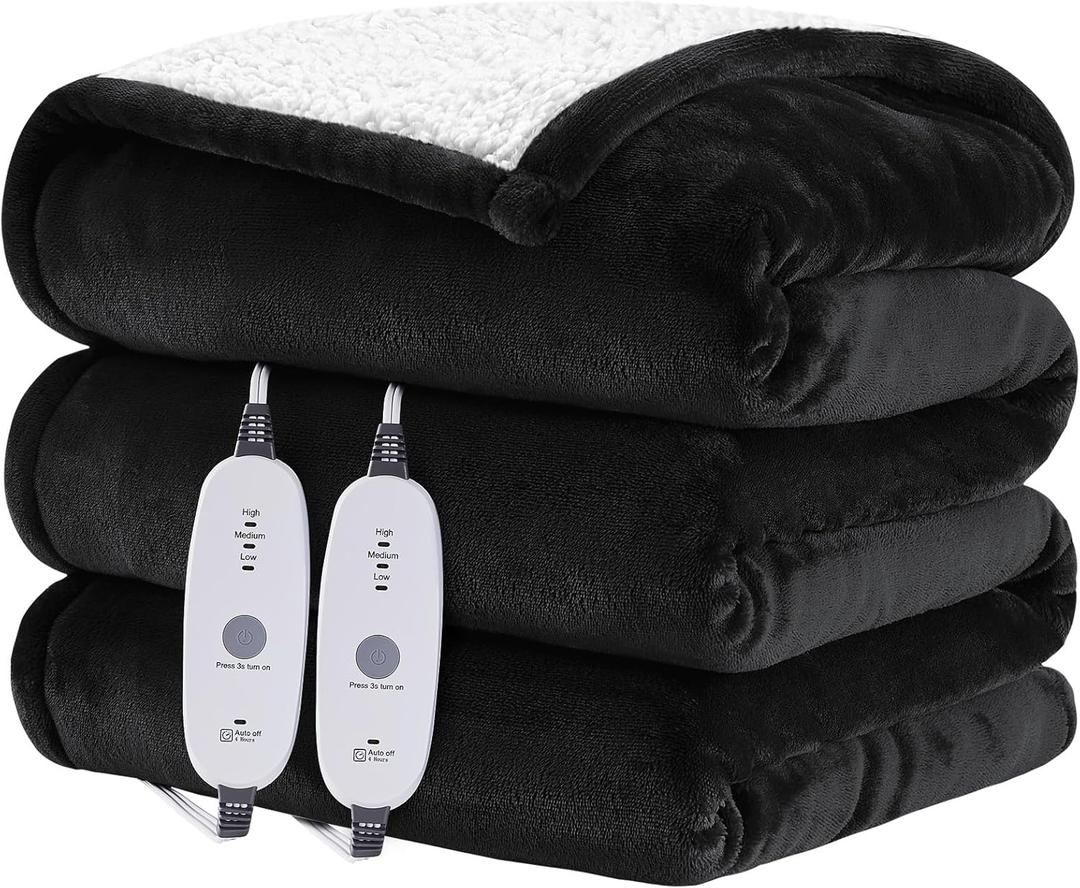 HYLEORY Heated Throw Blanket Flannel Electric Blanket Throw with 4 hrs Timer Auto-Off & 3 Heating Levels Sherpa Heated Blankets with Overheating Protection, 84"x90", Black