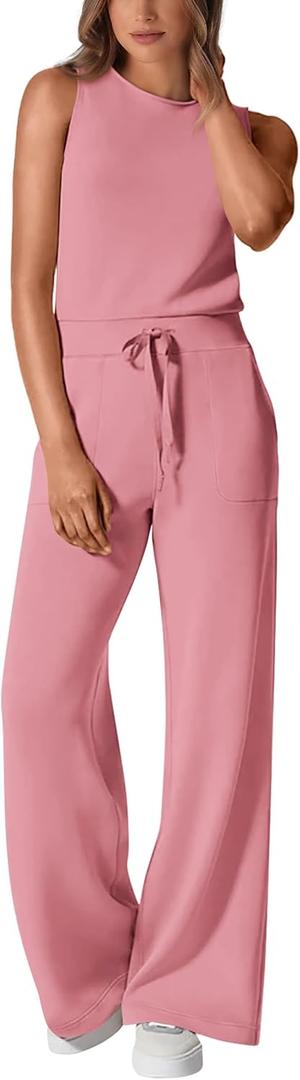 PRETTYGARDEN Jumpsuits for Women Casual 2026 Summer Sleeveless Wide Leg Pants Rompers One Piece Beach Vacation Spring Outfits (Large, Dusty Pink)