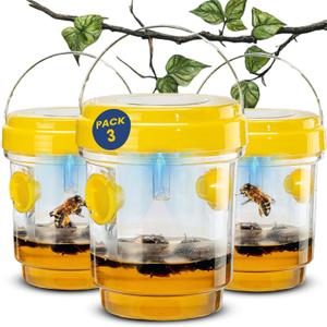 Solar Wasp Traps Outdoor Hanging 3 Pack Reusable Catcher with LED Light for Yellow Jackets Hornets Bees Flies Patio Porch Garden Backyard