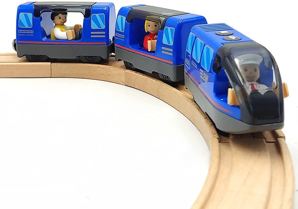 Battery Operated Train Set for Wooden Track Toys - Action Locomotive with Magnetic Connection (Blue, Ages 3-5) (Blue)