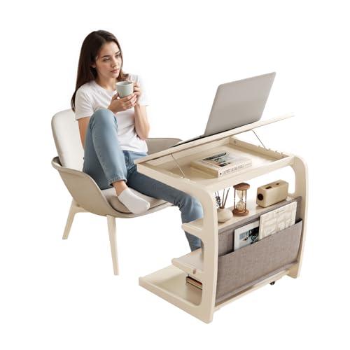 AQIMUELE Rolling Side Table, C Shaped End Table, C Table with 4 Wheels Solid Wood Small Rolling Desk with Adjustable Desktop,C Shaped End Table for Couch,Home Office(15.6" D x 23.6" W x 24.3" H)