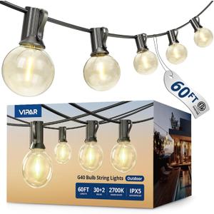VIPAR Outdoor String Lights, 60FT 32 G40 Bulbs Patio Lights Outdoor Waterproof, Shatterproof Vintage Connectable LED Outside Hanging Light for Backyard, Porch, Garden, Deck, Bistro, 2700K Dimmable
