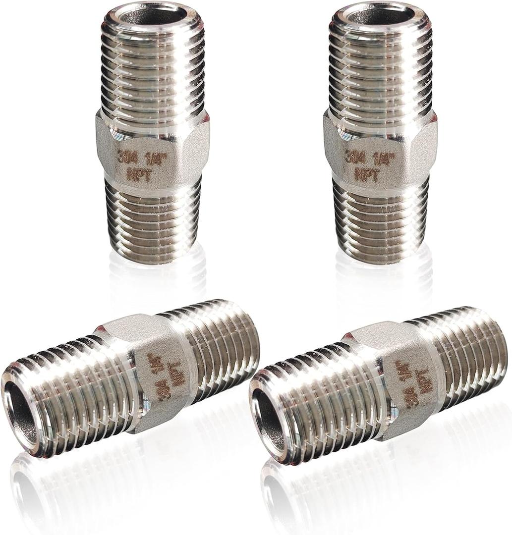 4PCS Hex Stainless Steel Nipple 1/4"NPT Male X 1/4" NPT Male Pipe Fitting 1/4 inch Stainless Steel Pipe Nipples Male Pipe Adapter Fittings Heavy Equal Nipples Connectors