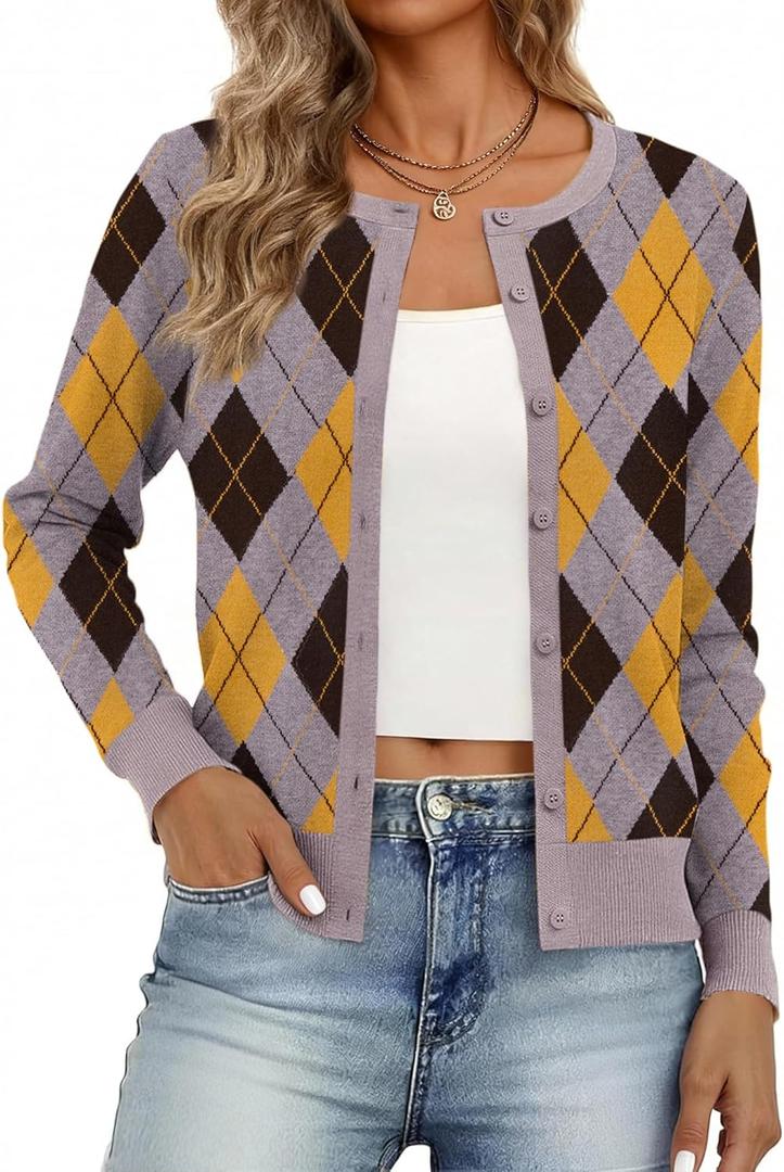 Women's Cardigan Sweaters Lightweight Crew Neck Button Down Long Sleeve Spring Outfits Fashion Clothing 2026 (X-Large, Grey Argyle)