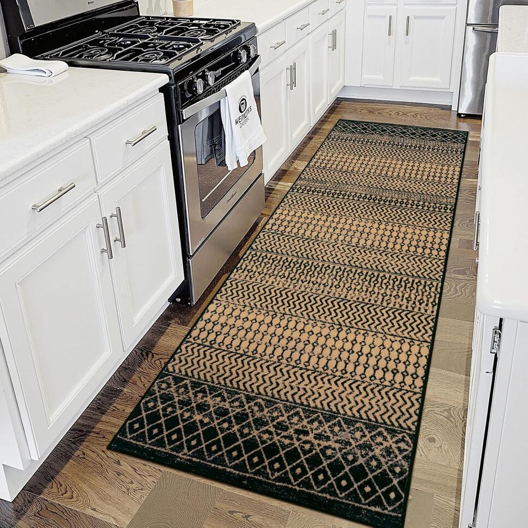 Moroccan Kitchen Runner Rug, 2x6 Ultra Soft Rugs Runners for Hallways Non Slip, Washable Bathroom Runner Rugs Vintage Rug for Kitchen Entryway Laundry Bedroom (Natural/Brown)