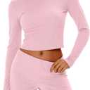 Women's 2 Piece Knit Lounge Sets, Casual Matching Outfits Long Sleeve Crew Neck Slim Crop Tops and High Waist Short, XS