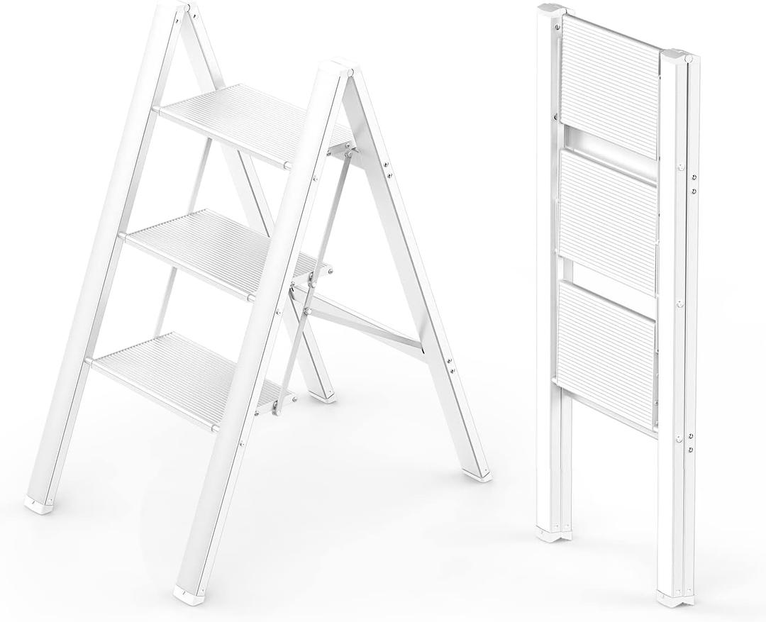 WOA WOA 3 Step Ladder, Foldable Step Stool, Aluminum Lightweight Ladder for Home Kitchen Closet, Anti-Slip Pedals, Ease of Folding, Portable, 300lbs Capacity - White