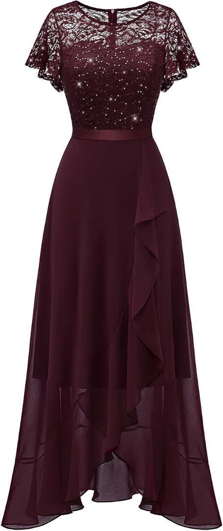 BeryLove Formal Dresses for Women 2026 Wedding Guest with Slit Cocktail Elegant Lace Long Prom Dress (Red, XL)