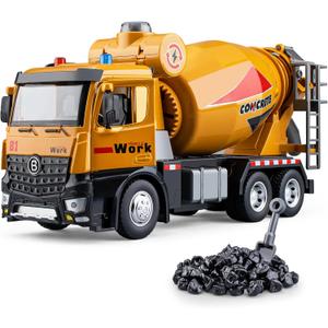Cement Mixer Toy Truck Metal Cab, Big Construction Truck with Lights Sounds and Working Movable Parts, Friction Powered Construction Vehicles for Boys and Girls