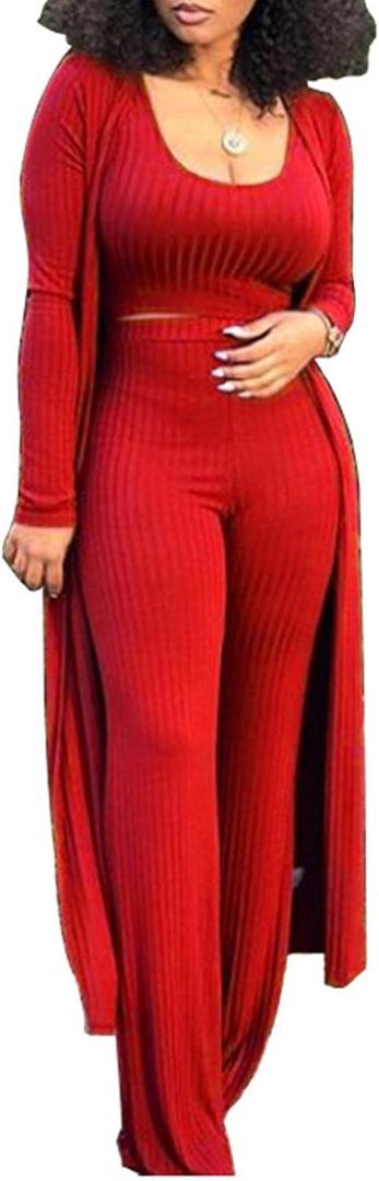 HANMAX Women's Tracksuit Winter Autumn Knitted Long-sleeved Blazer Coat Tank Long Pants Three Piece Sets Outfit (Red, S)