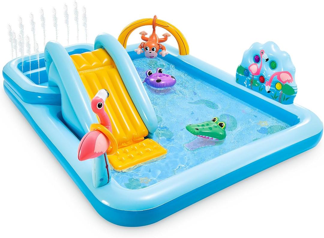 Intex 96" x 78" x 28" Inflatable Jungle Adventure Play Center Spray Kiddie Pool - Backyard Kids Water Slide, Outdoor Blow-Up Splash Pad for Toddlers (Blue)