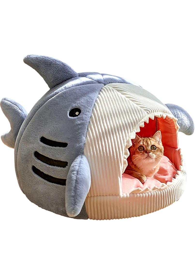 QWINEE Cat Mat Shark-Shaped Kennel Kitten Bed Hideout House Warm Soft Comfortable Semi-Closed Cat Dog Nest Blue M