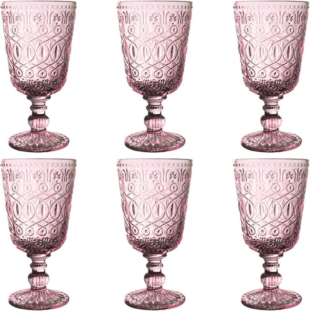 Taganov Vintage Glassware Purple Water Goblets Drinking Colored Wine Glasses set of 6 Pink Embossed Drinkware Stemware 10 oz for Wedding Party Bar Christmas