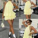 Women's Chiffon Halter Backless Ruffle Mini Dress - 2026 Summer A Line Dress for Wedding Guest, Holiday, Cocktail, Night Out (Yellow, XL)