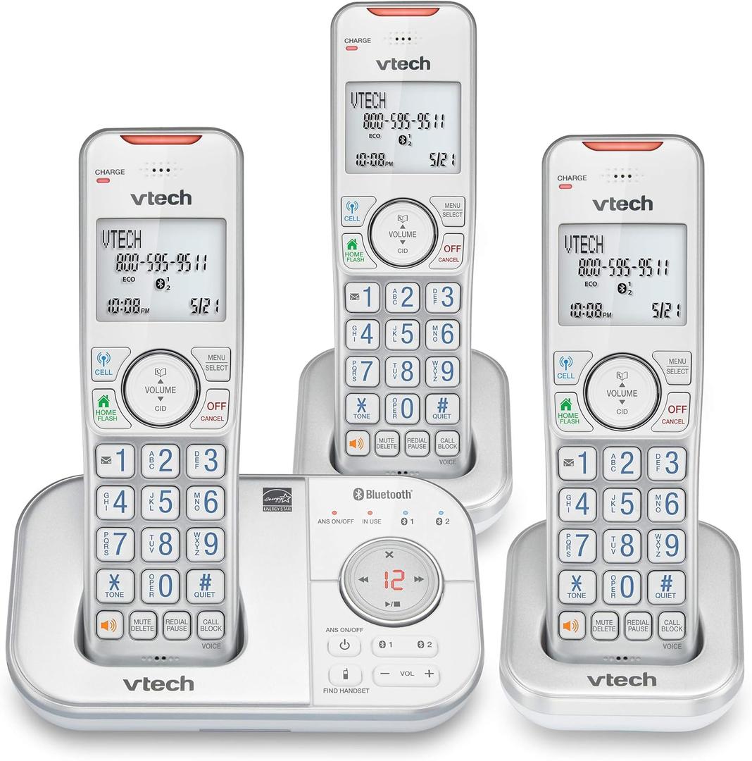 VTech VS112-37 DECT 6.0 Bluetooth 3 Handset Cordless Phone for Home with Answering Machine, Call Blocking, Caller ID, Intercom and Connect to Cell (Silver & White)