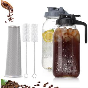 2 Quart Glass Pitcher with Lid for Fridge, Cold Brew Coffee Maker 64 oz, 2 Pack Airtight Leakproof Iced Tea Pitcher with Stainless Steel Filter, New Years Gifts for Friends (Black & Gray)