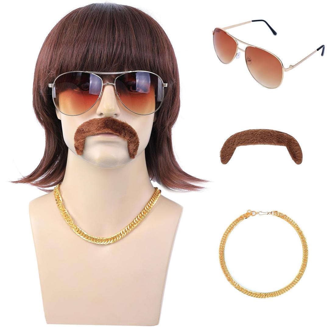 morvally 5pcs Set 70s 80s Disco Wig with Mustache Glasses and Chain | Short Brown Men's Mullet Wig for 60s Singer Rocker Hippies Costume Cosplay Halloween Party