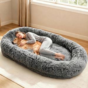 XXL Human Dog Bed 79"x44"x12.5" Cozy Giant Floor Bed for Adults, Soft Faux Fur Human Sized Dog Bed with Washable Removable Cover, Side Pocket & Blanket, Black Grey