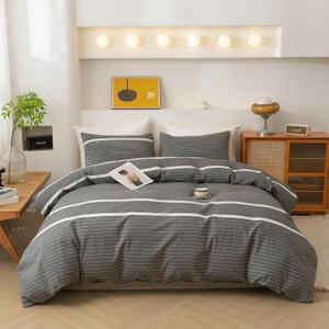 ECOCOTT 3 Pieces Duvet Cover Set King 100% Washed Cotton 1 Duvet Cover with Zipper and 2 Pillowcases, Ultra Soft and Easy Care Breathable Cozy Simple Style Bedding Set(Grey Stripes) (Grey&white (No Comforter))