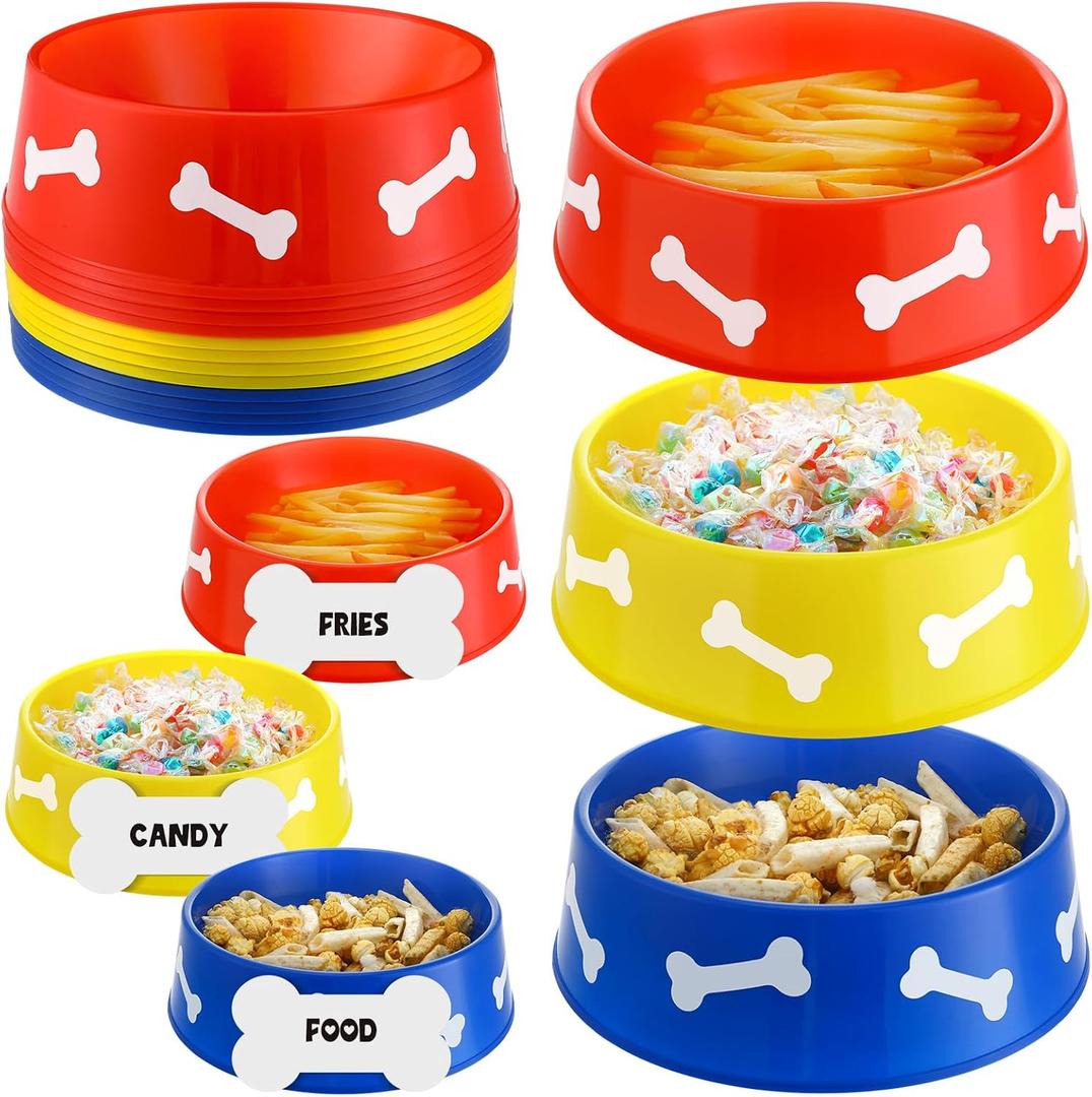 CroBlissful 12 Pack Dog Paw Plastic Bowls Dog Theme Birthday Decoration Party Supplies Blue Yellow Snack Bowls Plates Puppy Food Trays with Bone Cards for Party Favors Table Centerpieces(Red)