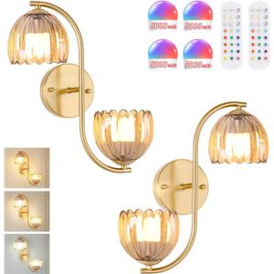 Battery Operated Wall Sconce, 2-Lights Vinatge Brass Wall Lighting Up and Down with Amber Tulip Shade for Living Room, Bedroom, Symmetrical (Pack of 2)