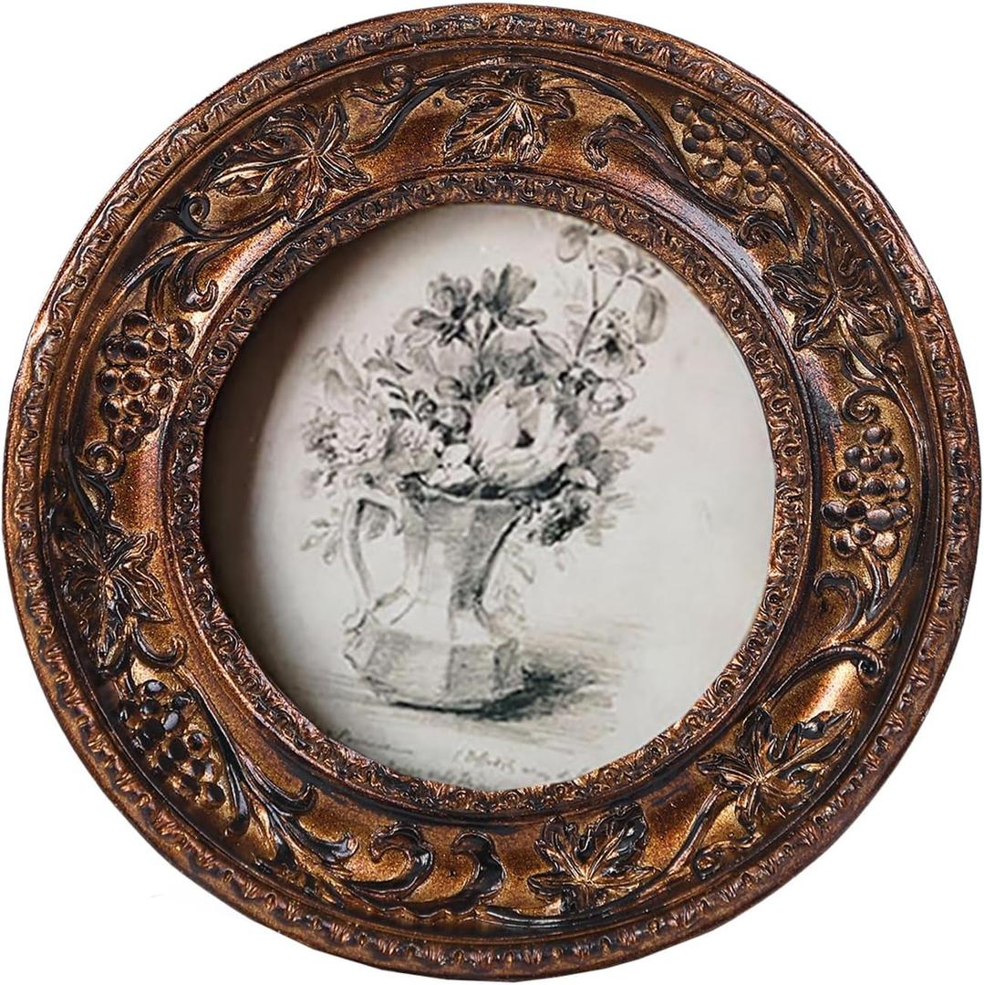 SIKOO 4×4 Vintage Picture Frame Antique Round Picture Frame Tabletop and Wall Mount Display Vintage Wall Decor, Bronze Gold