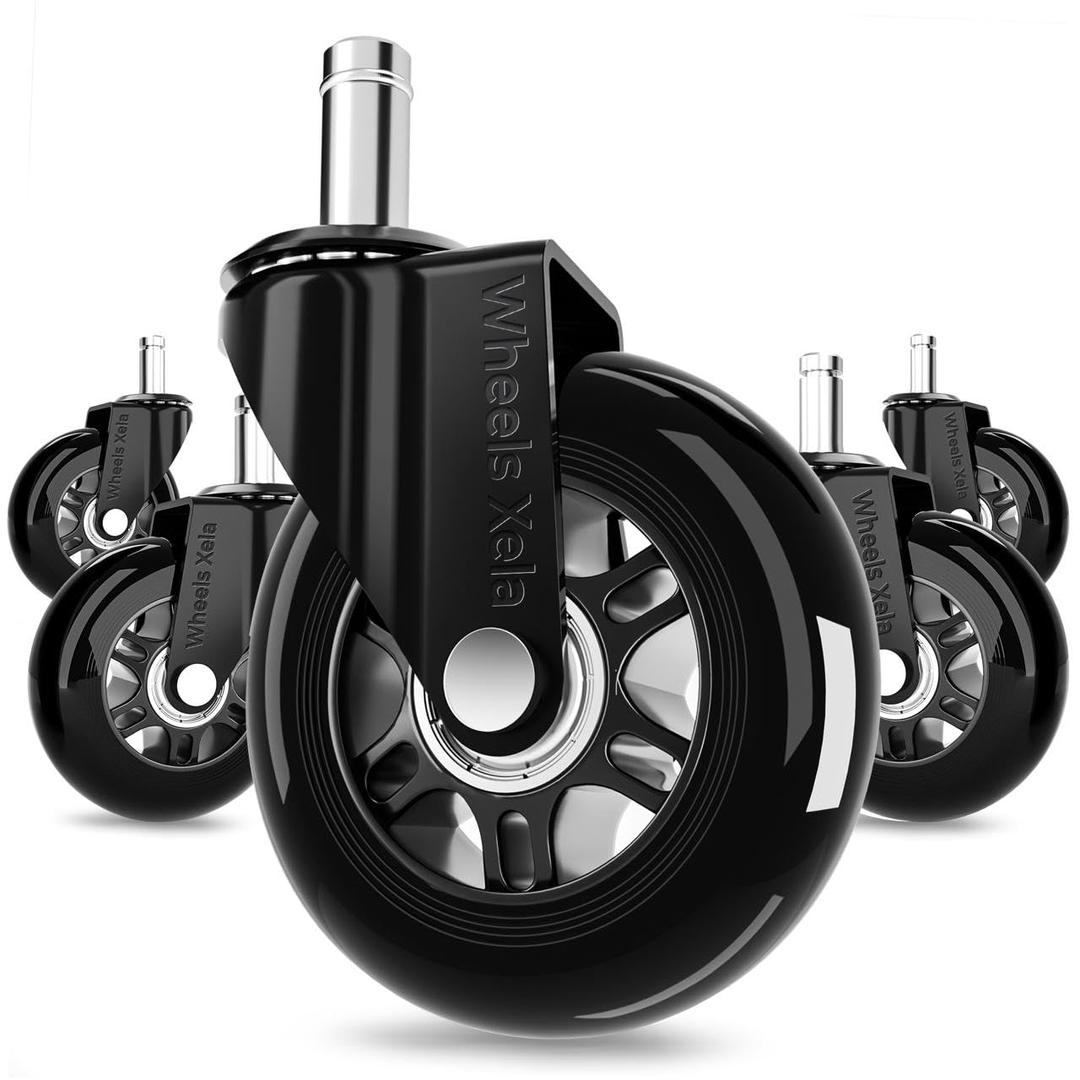 Black Office Chair Casters, Set of 5, 3 Inch Rubber Rollerblade Wheels for Desk & Gaming Chair are Easy to Install & Suitable for All Floor Types