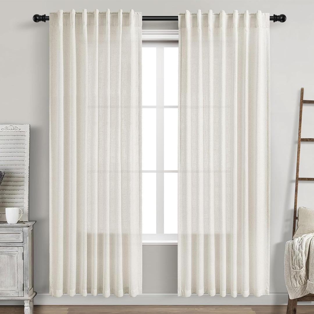 Cream Linen Curtains 80 inch Length for Bedroom Back Tab Light Filtering Privacy Sheer Curtains Modern Farmhouse Coastal Decor Cream Cotton Textured Gauze Curtain 2 Panel Set 52x80