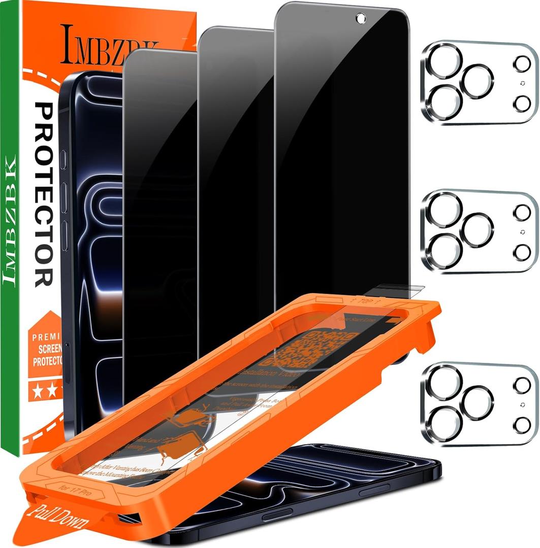 IMBZBK [AutoDust Removal] 3 Pack Privacy Screen Protector for iPhone 17 Pro [6.3 INCH] Anti Spy Private Accessories, Case Friendly Film, Military Grade Tempered Glass 3 Camera Lens Protector