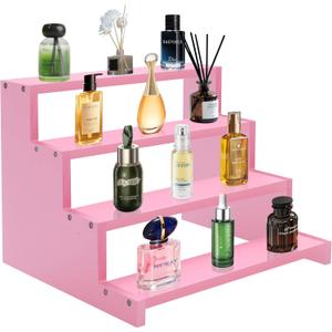 Wooden Perfume Stand for Women 4 Tier Pink Perfume Organizer Stand Perfume Display Shelf & Holder for Womens Dresser & Vanity Desktop Rack for Fragrance Figures Dessert Cupcakes Decoration (Small-9Inch)