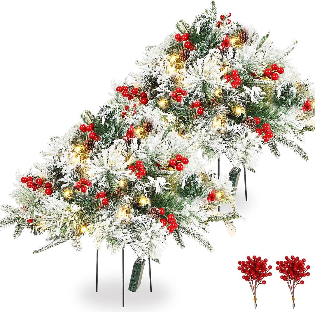 Tigeen 2 Pcs 22 Inch Timer Prelit Christmas Urn Filler, Outdoor Planter Pots Filler Prelit Xmas Pine Trees with Cones and Red Berries 50 Warm White LED with 8 Light Modes for Yard Porch Decor(Snow)
