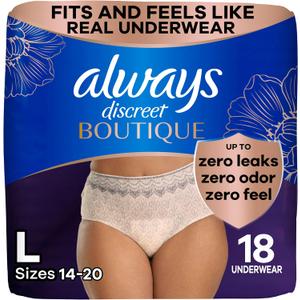 Always Discreet Boutique Incontinence and Postpartum Underwear for Women, Maximum Protection, Large, Rosy, 18 Count