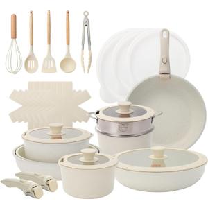 UCClife 30-Piece Nonstick Cookware Set - PFOA/PTFE Free Non-Toxic Pots & Pans, Detachable Handles, Oven & Dishwasher Safe, Scratch Resistant (30 PCS-White)