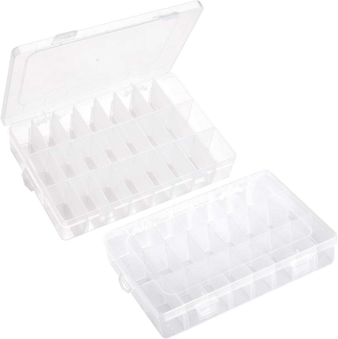 2 Pack 24 Grids Plastic Storage Box Clear Organizing Containers with Adjustable Dividers for Beads, Crafts, Art DIY, Jewelry, Screws, Pins, Thread, Fishing Gear, Small Items