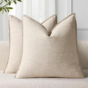 decorUhome Summer Decorative Linen Throw Pillow Covers 20x20 Inch Set of 2 Natural Beige Pillow Covers with Flange Edges Soft Farmhouse Boho Accent Pillow Cases for Couch Bed Living Room