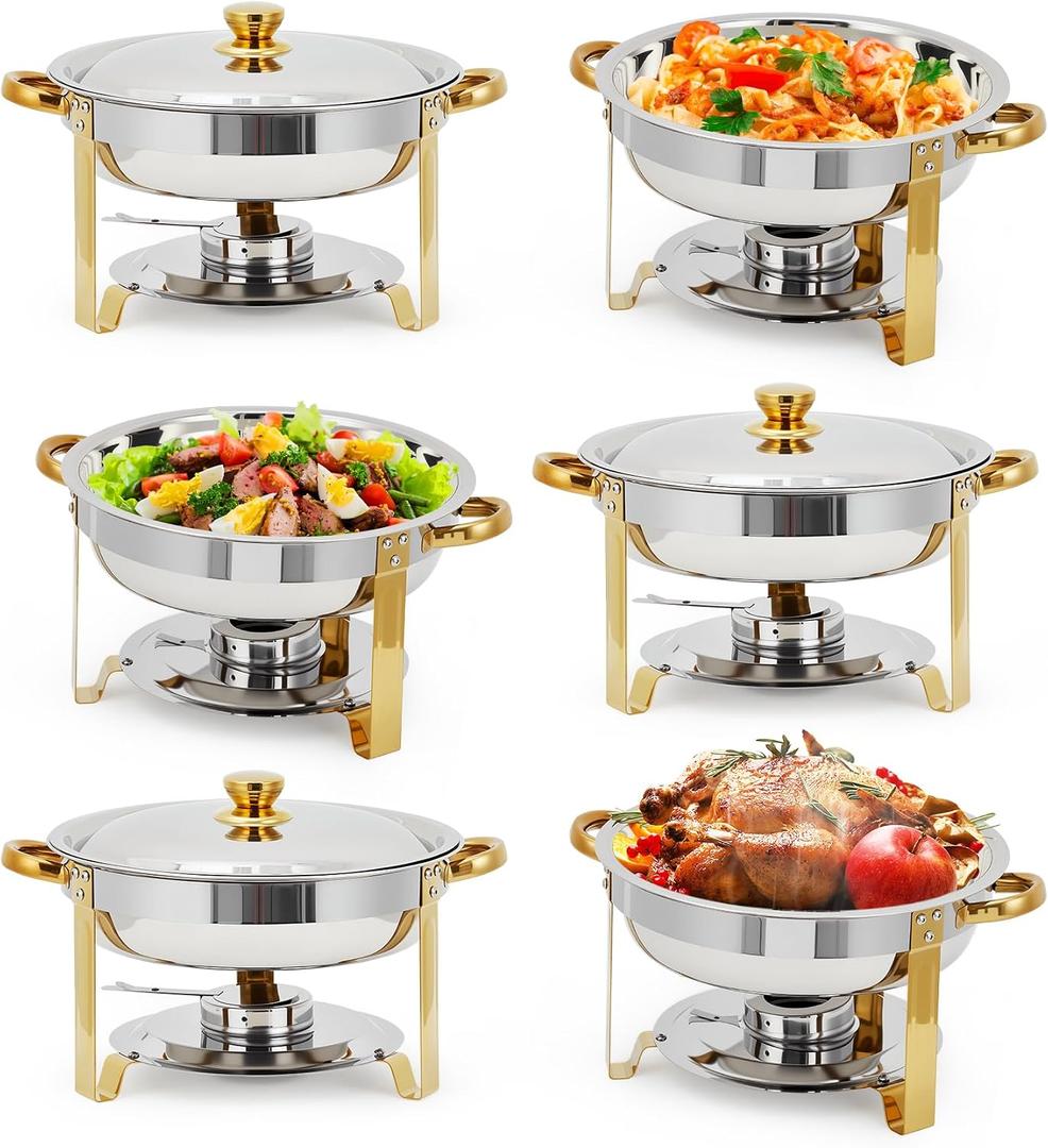 Garvee 6 Pack Chafing Dishes for Buffet, 5 QT Round Buffet Servers and Food Warmer Set with Lid, Stainless Steel Chafers for Catering Parties Wedding Banquet, Gold