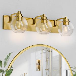 3 Light Bathroom Light Fixtures-Brushed Gold Bathroom Vanity Lights, Modern Vanity Lights 3-Light Bathroom Lighting Fixtures Over Mirror with Clear Glass Globe Shade