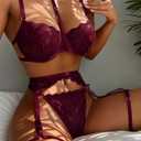 Lilosy Sexy Choker Floral Lace Scallop Sheer Underwire Push Up Garter Belt Lingerie Set 3 Piece (S)