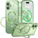 360 Spin CD Stand for iPhone 17 Case Compatible with Magsafe Ring [Never Yellow][DIY Glitter Cardstock] Camera Protection Plating Clear Cute Phone Case for Women Girls 6.3'', Sage Green