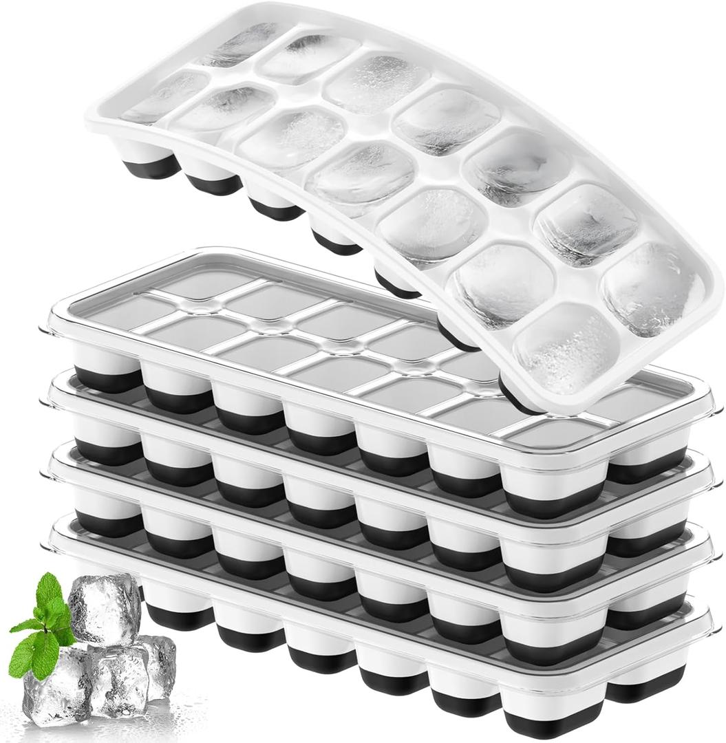 Ice Cube Tray 5 Pack, Stackable Silicone Ice Cube Trays with Lid Easy Release Reusable Ice Tray, BPA-Free Rectangular Ice Cube Mold Set for Cocktails, Coffee, Whiskey & Drinks, Black