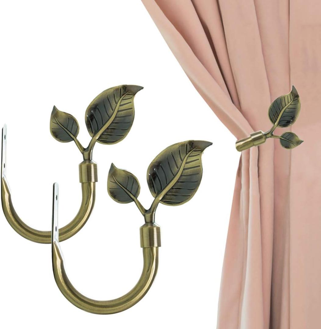 Leaf Shaped Curtain Holdbacks 2pcs, Handmade Metal Curtain Side Holders for Wall, Antique Brass Curtain Tieback Hook Pull Backs for Drapes Window Home Decoration (Antique Brass)