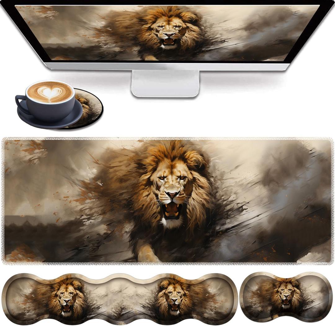 4 in 1 Mouse Pad Combo, Large Gaming Mouse Pad + Keyboard Wrist Support + Mouse Wrist Rest + Coaster, Table Pad with Stitched Edge Ergonomic Wrist Pad Set, Lion