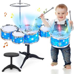Kids Drum Set for Toddlers w/ Light (All Plastic), Musical Gifts Toys for Boys Girls, Drum Kit Musical Instrument for Beginner Music Practice, Christmas Birthday Gift Kids