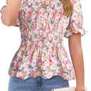Womens Puff Short Sleeve Babydoll Tops Floral Summer Peplum Blouse Smocked Square Neck (XXL)